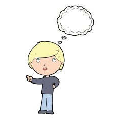 cartoon boy pointing with thought bubble N26