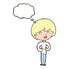 cartoon woman making Who Me? gesture with thought bubble N41