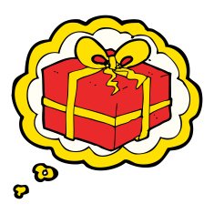 cartoon christmas present with thought bubble