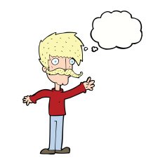 cartoon waving mustache man with thought bubble N8