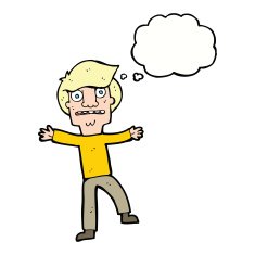 cartoon boy panicking with thought bubble N23
