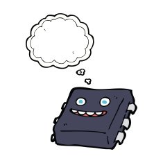 cartoon computer chip with thought bubble N5