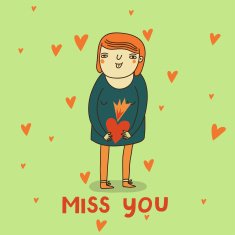 miss you card in cartoon style with girl and hearts N2