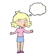 cartoon confused woman with thought bubble N75