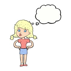 cartoon pretty girl with hands on hips thought bubble N6