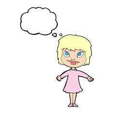 cartoon girl shrugging shoulders with thought bubble N28