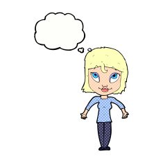 cartoon girl shrugging shoulders with thought bubble N29