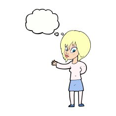 cartoon woman making welcome gesture with thought bubble N10
