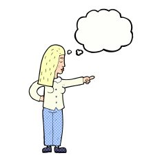 cartoon woman pointing with thought bubble N191