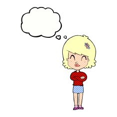 cartoon happy woman with folded arms thought bubble N18