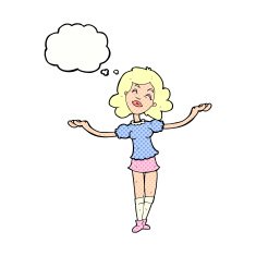 cartoon woman taking praise with thought bubble N9