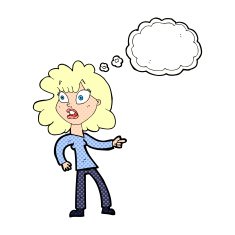cartoon worried woman pointing with thought bubble N10