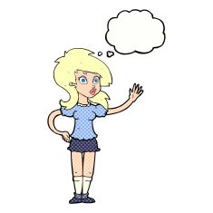 cartoon pretty woman waving for attention with thought bubble N10