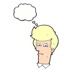 cartoon man narrowing eyes with thought bubble N36