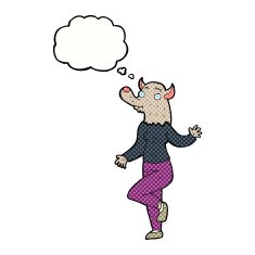 cartoon dancing werewolf woman with thought bubble N6