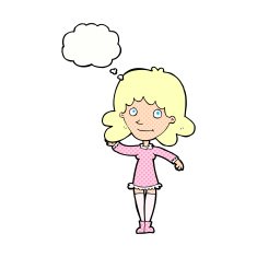 cartoon friendly woman waving with thought bubble N45