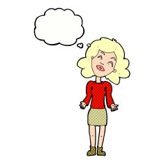cartoon woman shrugging shoulders with thought bubble N442