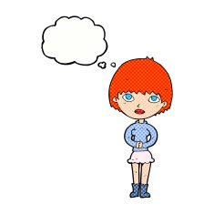 cartoon woman waiting patiently with thought bubble N10