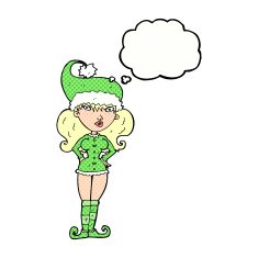 cartoon santa's helper woman with thought bubble N10