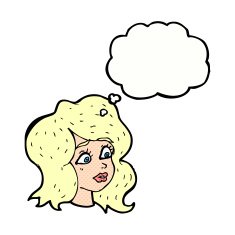 cartoon woman looking concerned with thought bubble N9