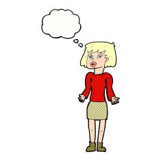 cartoon woman shrugging shoulders with thought bubble N443