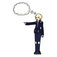 cartoon woman in leather jacket pointing with thought bubble N9