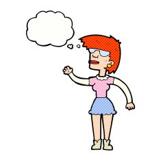 cartoon woman in spectacles waving with thought bubble N9