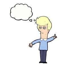 cartoon man narrowing eyes with thought bubble N37