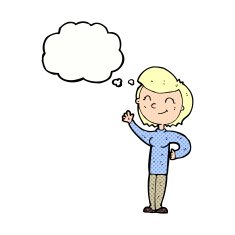 cartoon friendly waving woman with thought bubble N10