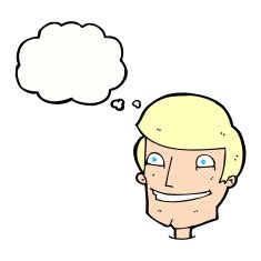 cartoon grinning man with thought bubble N79