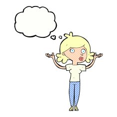 cartoon woman throwing arms in air with thought bubble N10