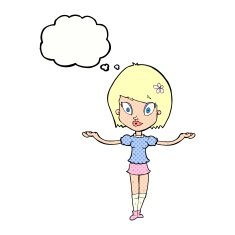 cartoon woman making balancing gesture with thought bubble N10