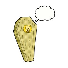 spooky cartoon coffin with thought bubble N13