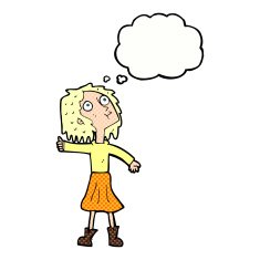 cartoon woman looking up to the sky with thought bubble N5
