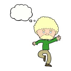 cartoon mustache man disco dancing with thought bubble N10