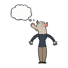 cartoon friendly werewolf woman with thought bubble N6