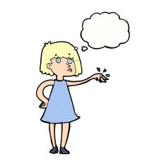 cartoon woman showing off engagement ring with thought bubble N9