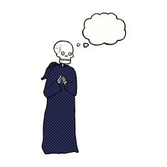 cartoon skeleton in black robe with thought bubble N6