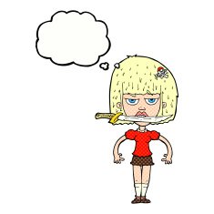 cartoon woman with knife between teeth thought bubble N35