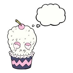 spooky skull cupcake cartoon with thought bubble N9