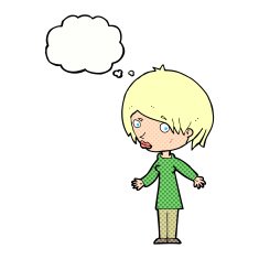 cartoon woman shrugging shoulders with thought bubble N446