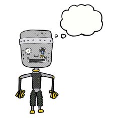 cartoon old robot with thought bubble N9