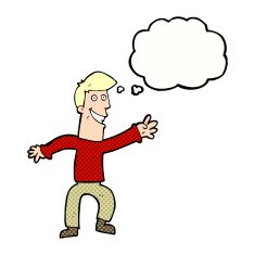 cartoon happy man dancing with thought bubble N35