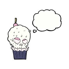 cartoon spooky skull cupcake with thought bubble N9