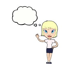 cartoon woman waving with thought bubble N309