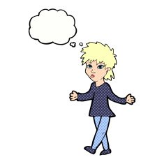 cartoon woman shrugging shoulders with thought bubble N449