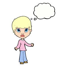 cartoon woman shrugging shoulders with thought bubble N450