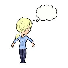 cartoon woman shrugging shoulders with thought bubble N451