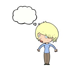 cartoon woman shrugging with thought bubble N55