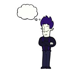 cartoon happy vampire man with thought bubble N27